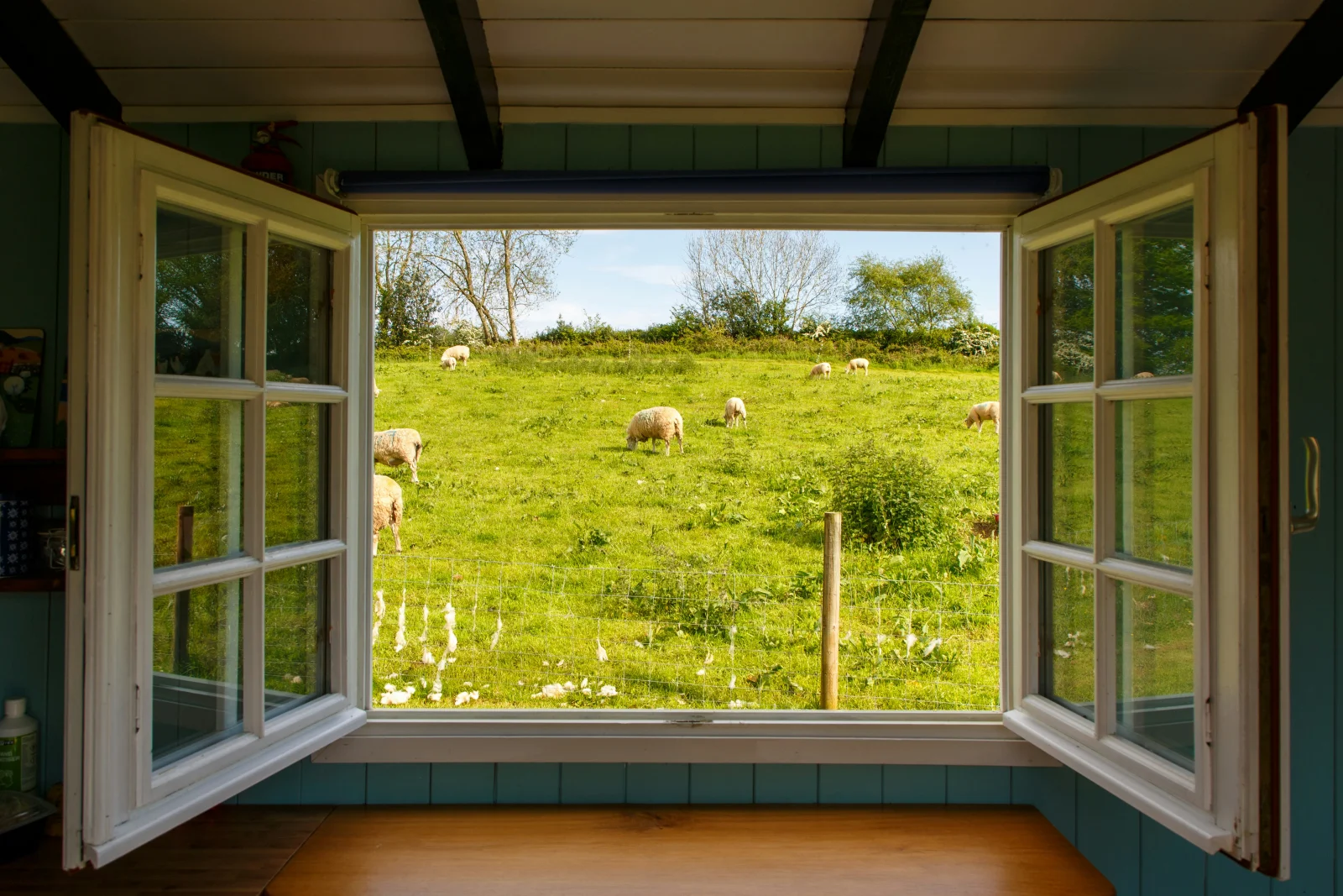 Fenêtre battante à deux vantaux ouverte vers l'intérieur sur un paysage de campagne